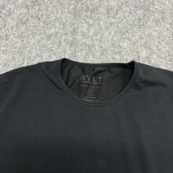 BYLT Shirt Mens Large Black Drop Cut Lux Crewneck Tee Stretch Casual Curved Hem - Picture 3 of 16